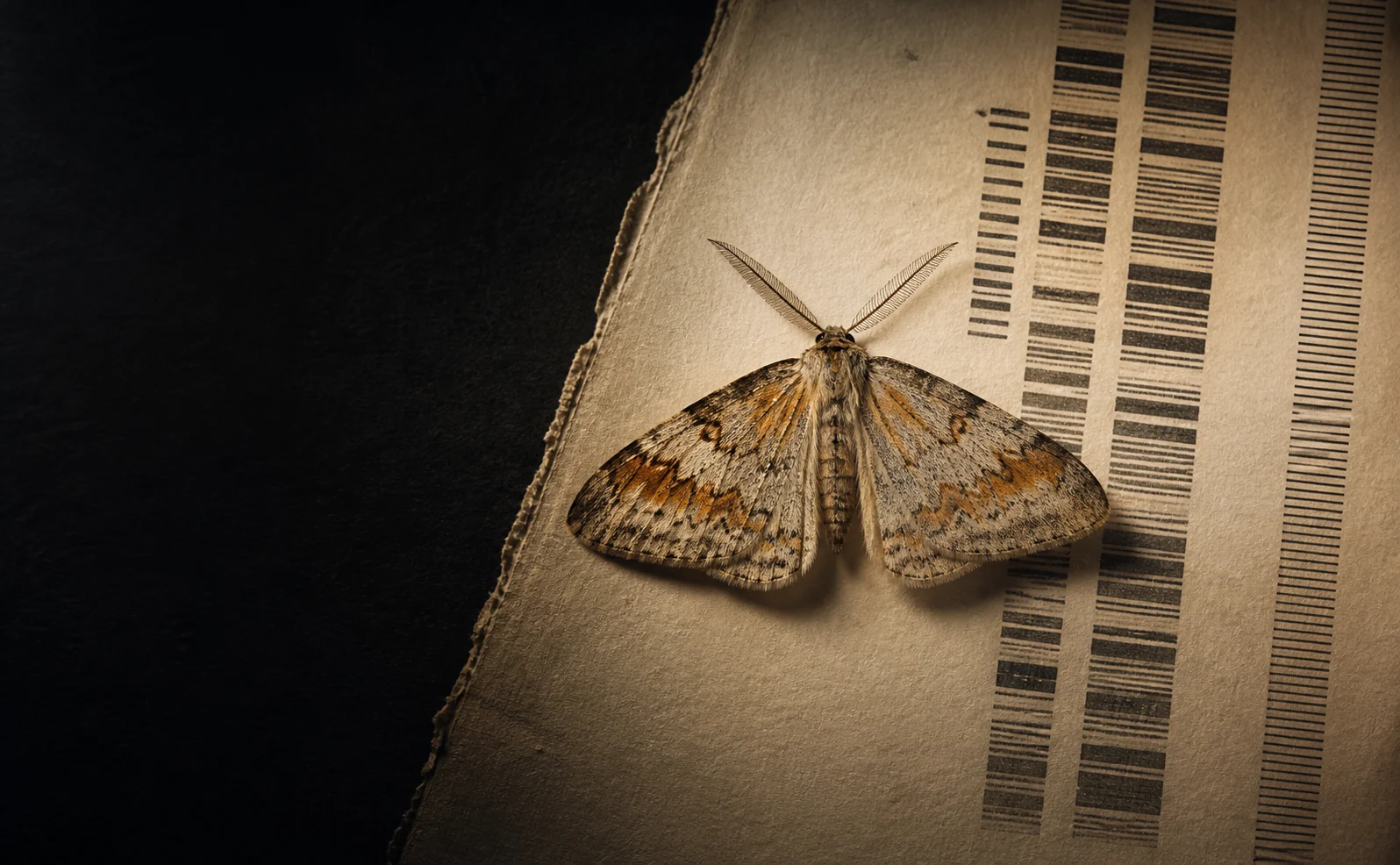 Illustrative moth specimen beside abstract DNA barcode bands on warm paper
